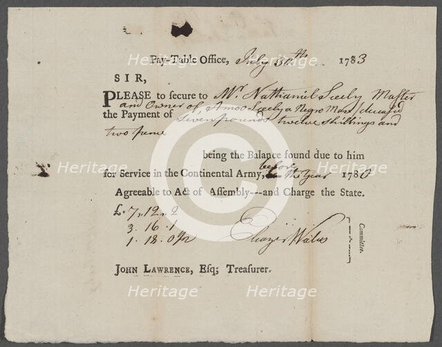 Request for compensation to be paid to Nathaniel Seely for his slave..., 1783. Creator: Unknown.