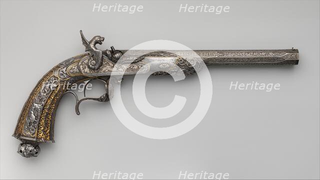Percussion Exhibition Pistol, French, dated 1851. Creators: Lepage Moutier, Antoine Vechte, Léopold Bernard.