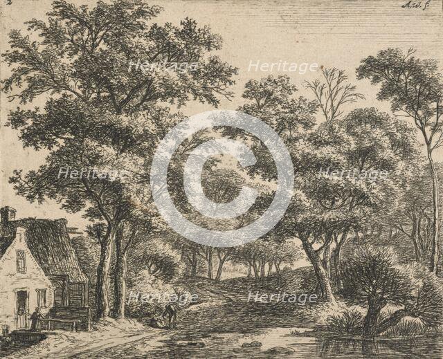 Six landscapes. Plate 2. Woman on a small bridge. (H34), 1640-1690. Creator: Anthonie Waterloo.