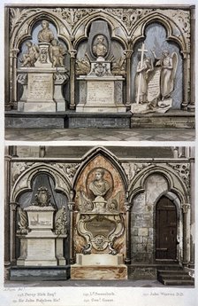 Monuments in the west aisle of  Westminster Abbey's north transept, London, 1812. Artist: Augustus Charles Pugin