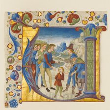 Manuscript Illumination with Joseph Sold by His Brothers in an Initial V..., Italian, ca. 1490. Creator: Giovanni Pietro da Cemmo.