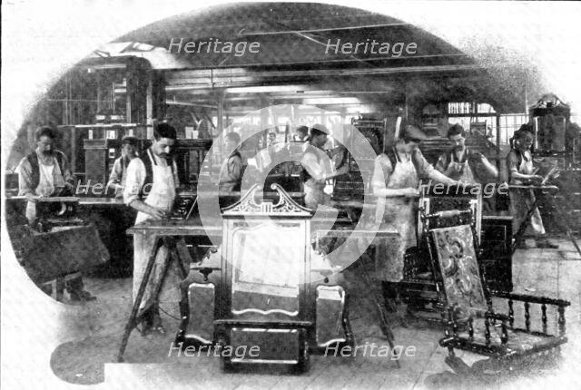 Making aids to beauty: mirror and furniture fitters and polishers, 1909. Creator: Unknown.