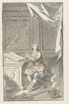 Sitting man with folded hands, before a Bible, c.1734-c.1801. Creator: Jacobus Buys.