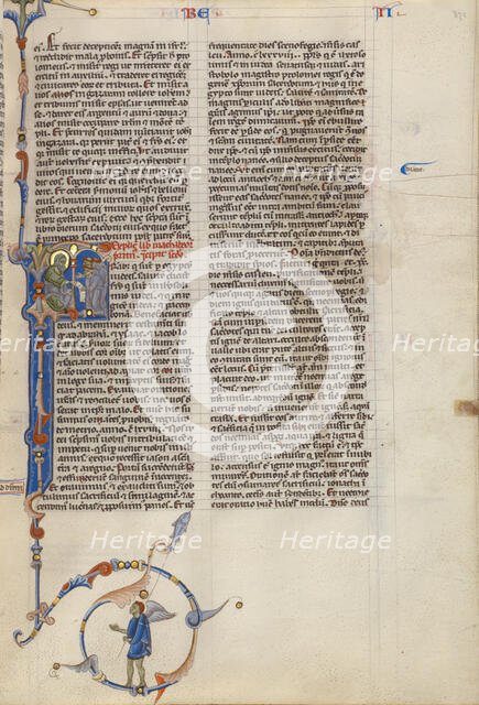 Initial F: Seated Prophet Showing a Scroll to Monks; Abbey Bible, about 1250-1262. Creator: Unknown.