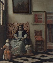 Interior with a Woman sewing and a Child, 1662. Creator: Pieter de Hooch.