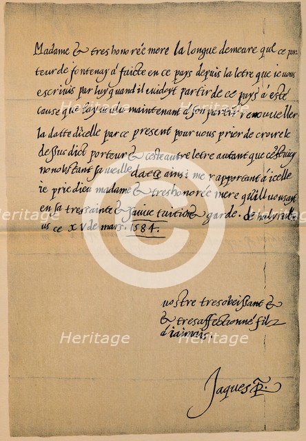 Letter from King James VI (1566-1625) to his Mother, Queen Mary (1542-1587), 1584-5'. Artist: King James I