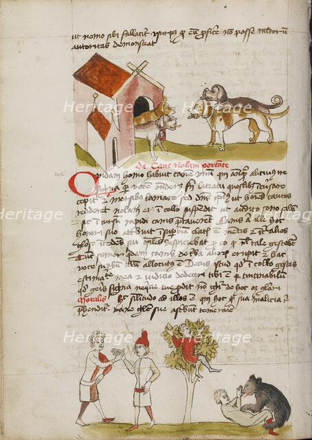 Four Dogs before a Doghouse: Two Men Making an Agreement; Fables, third quarter of 15th century. Creator: Unknown.