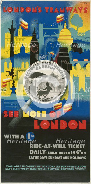 'See More of London with a Shilling', London County Council (LCC) Tramways poster, 1933. Artist: Ralph & Brown Studios