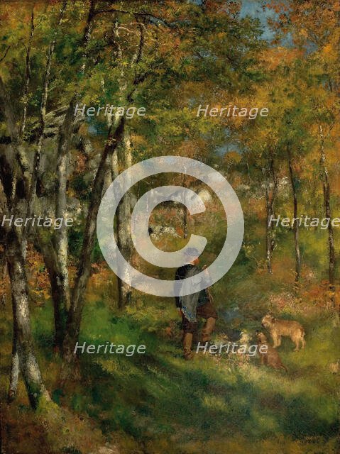 The painter Jules Le Coeur and his dogs in the forest of Fontainebleau, 1866. Creator: Renoir, Pierre Auguste (1841-1919).