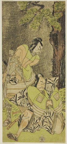 The Actors Ichikawa Danzo III as I no Hayata Tadazumi (right), and Matsumoto Koshiro II..., c. 1770. Creator: Shunsho.