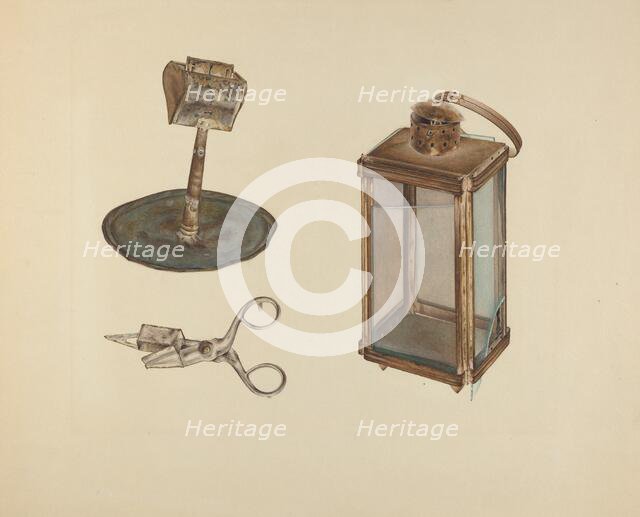 Zoar Candlestick, Snuffer and Lantern, c. 1938. Creator: Orville Cline.