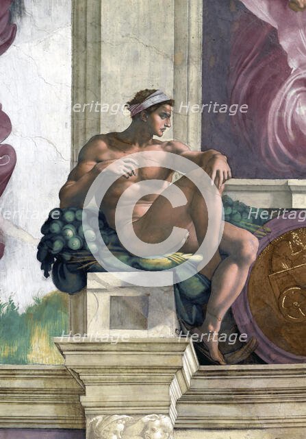 Ignudo (Sistine Chapel ceiling in the Vatican), 1508-1512. Creator: Buonarroti, Michelangelo (1475-1564).