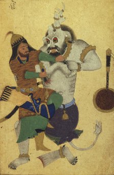 Rostam recovers the key to the stronghold of the White Demon (Manuscript illumination from the epic