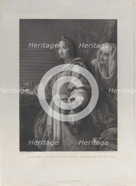 Judith holding the head of Holofernes and a sword, her maid behind her at right, 1819. Creator: Mauro Gandolfi.