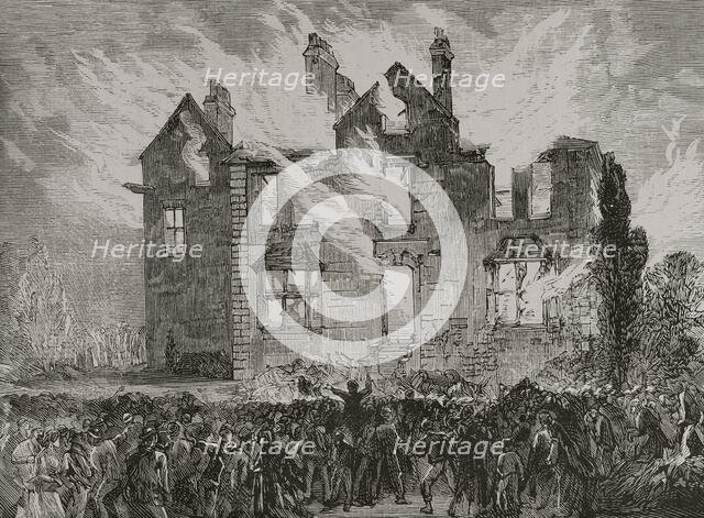 Workers' strikes in Lancashire - burning of the house of Colonel Raynsford Jackson, Wilpshire, 1878. Creator: Unknown.