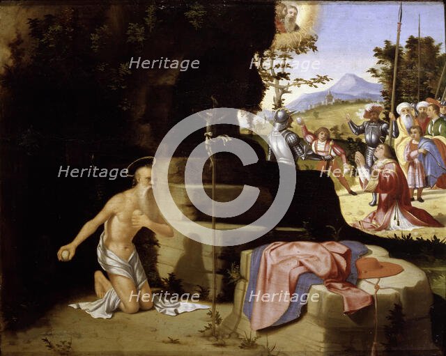 The penitent Saint Jerome in the desert and The Stoning of Saint Stephen, ca 1526. Creator: Previtali, Andrea (ca 1480-1528).