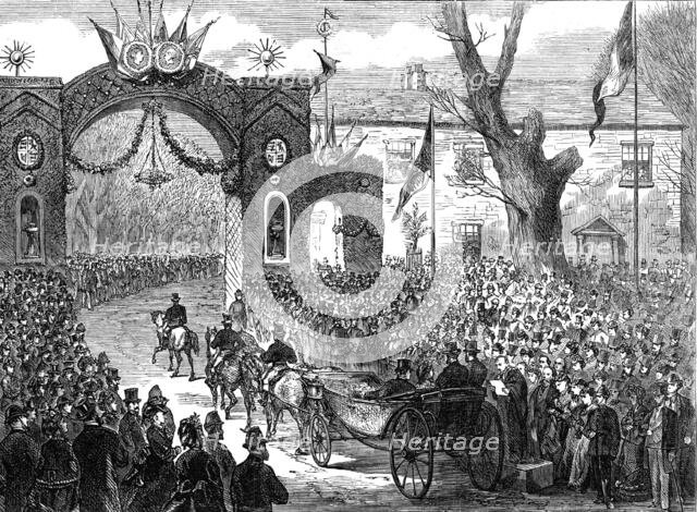 Marriage of Princess Louise: the newly-married pair receiving an address of welcome at Esher, 1871. Creator: Unknown.