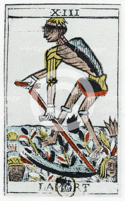 Tarot Card of Death, the grim reaper, Noblet tarot, 17th century. Creator: Unknown.
