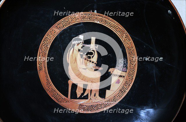 Detail of Greek red-Figured Kylix, Apollo seated at altar, with Kithara, Athens, c480BC-47 BC. Artist: Unknown.