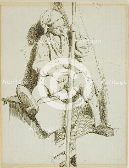 Man Seated, Holding Staff in Left Hand, 1860/69. Creator: Charles Samuel Keene.