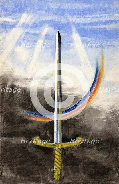 A sword pointing vertically upwards, on a section of rainbow, between 1939 and 1946. Creators: Unknown, Central Office of Information.