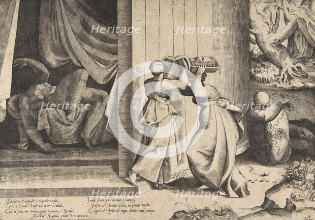 Judith passing the head of Holofernes to her maidservant, the decapitated Holofernes in..., 1531-76. Creator: Giulio Bonasone.