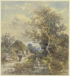 Tree and farmhouse by a stream with a woman, 1886. Creator: Anton Burger.