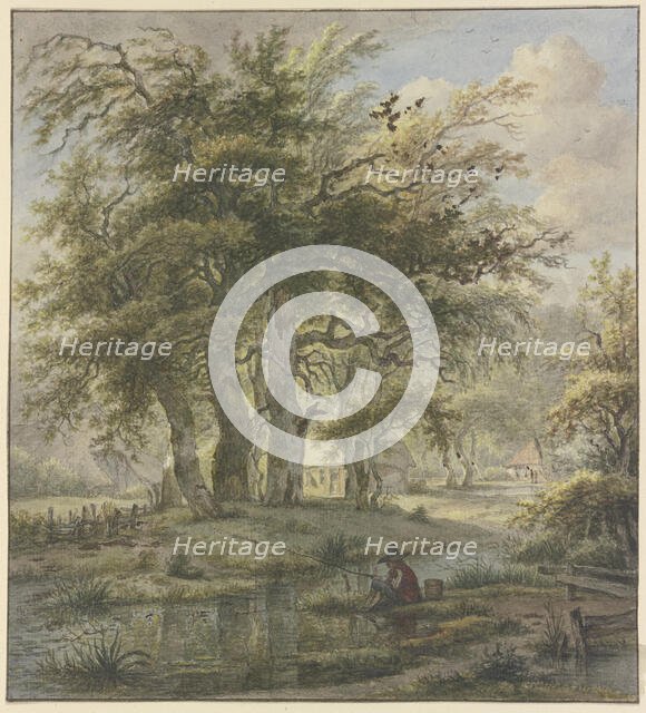 Oak forest with some huts, a fisherman in the foreground. Creator: Jan Hulswit.