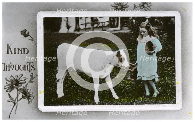 Girl about to milk a cow, greetings card, c1890-1910(?). Artist: Unknown