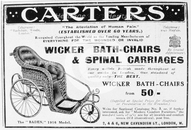 Advert for Carters' wicker bath chairs and spinal carriages, 1916. Artist: Unknown