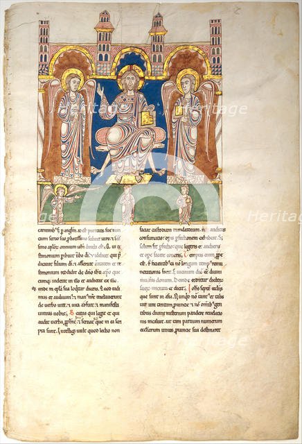 Leaf from a Beatus Manuscript: Christ in Majesty with Angels and the Angel of God..., ca. 1180. Creator: Unknown.