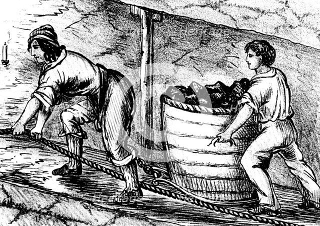 Woman and a boy working in a coal mine, Bolton, Lancashire, 1848. Artist: Unknown