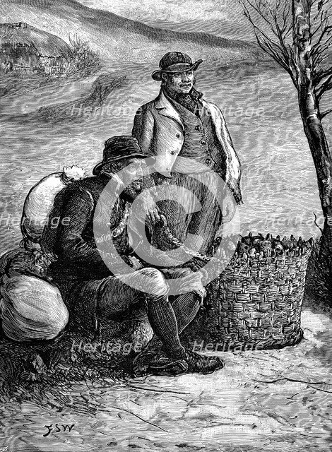 Irish farmers carrying home their seed potatoes, 1888. Artist: Unknown