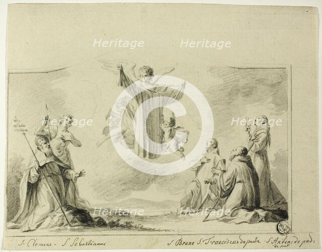 Saints Clement, Sebastian, Bruno, Francis of Paula, Anthony of Padua Worshipping..., n.d. Creator: Crispijn de Passe.
