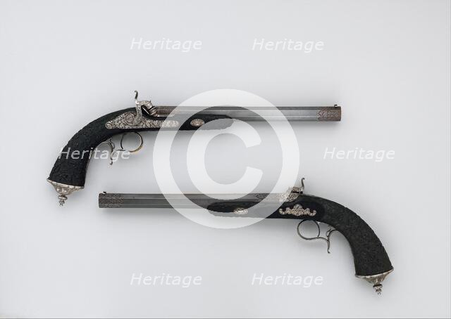 Cased Pair of Percussion Pistols with Accessories, French, Paris, dated 1856. Creator: Louis-Julien Gastinne-Renette.