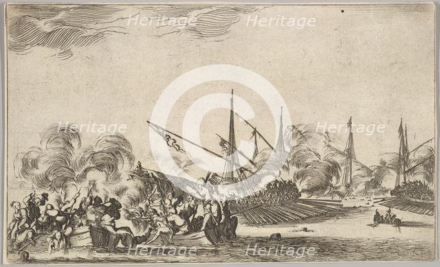 Combat between several rowboats and ships, two groups of men in rowboats fighting to left..., 1639. Creator: Stefano della Bella.