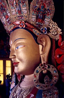 Giant gold Maitreya Buddha statue, Thiksey Monastery, Ladakh, India, 1988. Creator: Amanda Waite.