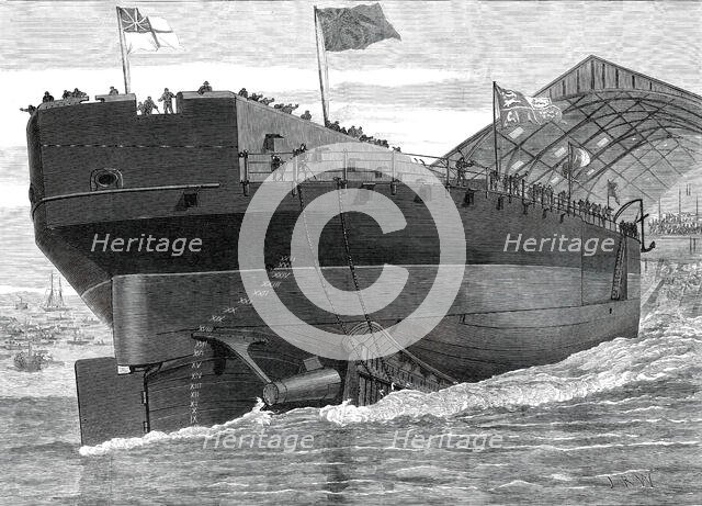 Launch of the Inflexible at Portsmouth Dockyard: stern view of the ship, 1876. Creator: Josiah Robert Wells.