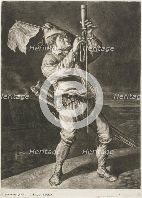 Man Lighting a Rocket, also called Peace is Better than a Victory, from Communia..., 1695. Creator: Cornelis Dusart.