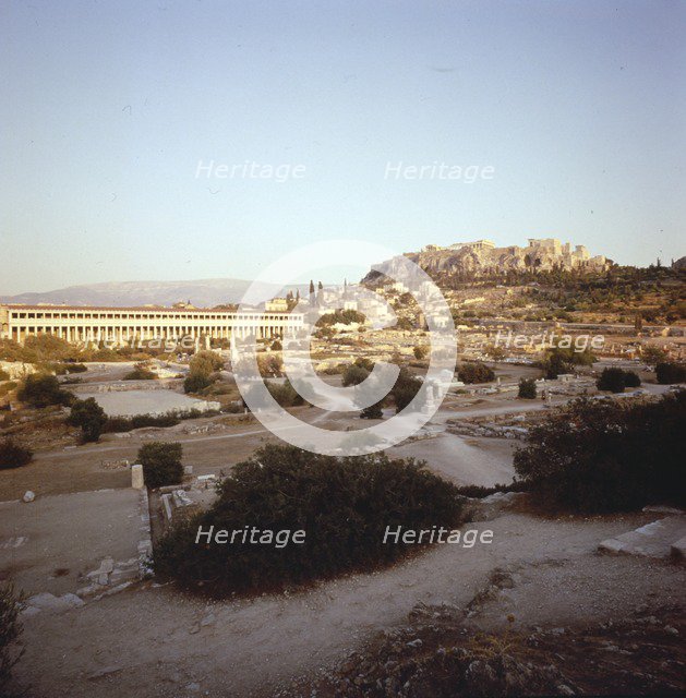 The Agora and Stoa of Attalos with Acropolis beyond, Athens, c20th century. Artist: Unknown.