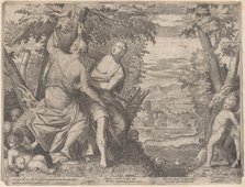 Angelica and Medoro; they stand next to a stream as Medoro carves their names into a tr..., 1590-98. Creator: Aegidius Sadeler II.