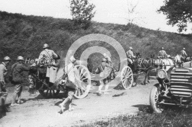 French artillery battery on the move, Chemin des Dames, France, 1918. Artist: Unknown