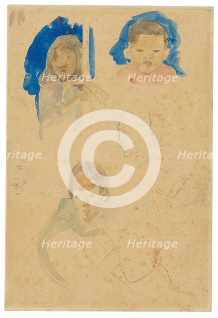 Sketches of Children, a Woman, and Profiles (recto), Sketches of Horses and Child (verso), 1891/93. Creator: Paul Gauguin.