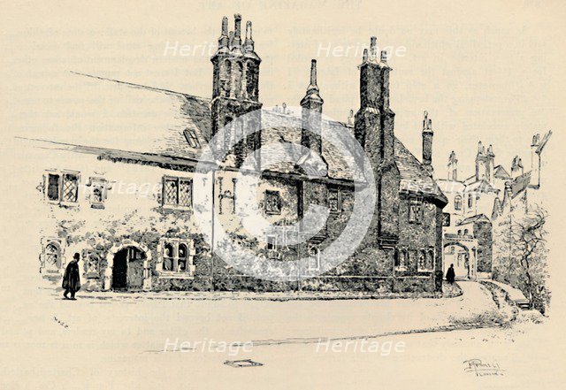 'Old Charterhouse: Exterior Façade of Washhouse Court, with the Inner Gateway', 1886. Artist: Joseph Pennell.