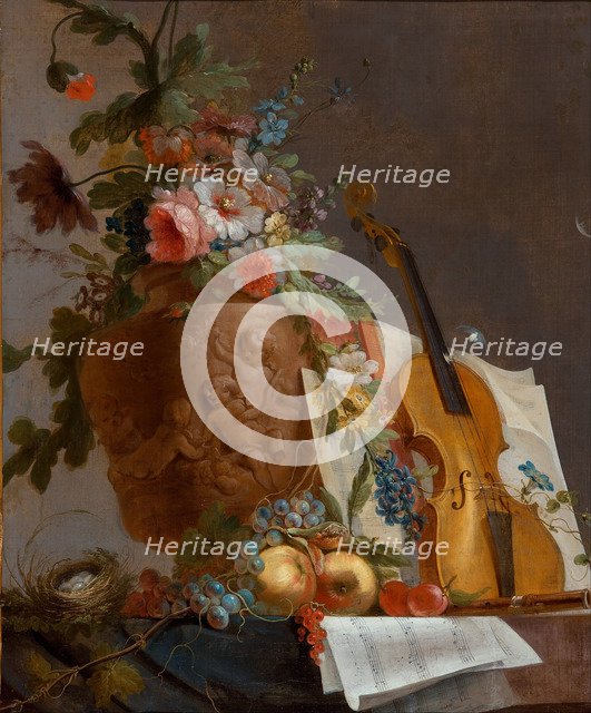 Still life with flowers and a violin, c. 1750. Artist: Bachelier, Jean-Jacques (1724-1806)