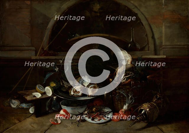 Still Life with Bottles and Oysters, c1700. Creator: Niccolino van Houbraken.