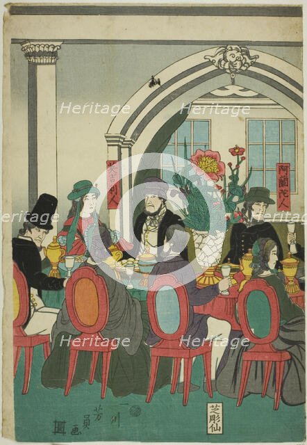 Foreigners from Five Nations at a Banquet (Gokakoku ijin shuen no zu), 1861. Creator: Yoshikazu.