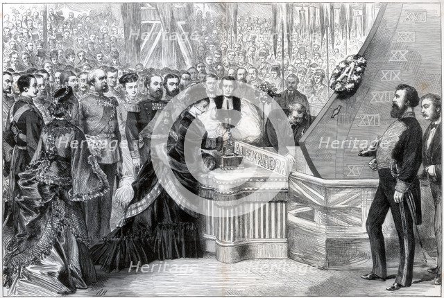 The Princess of Wales launching the new ironclad ship 'Alexandra', 1875. Artist: Unknown