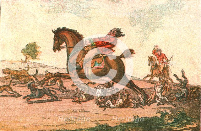 ''Old Fashioned Sporting Pictures, and the Road to Bygone Days; Hunting Mishaps-- Hounds in Full Cry Creator: Unknown.