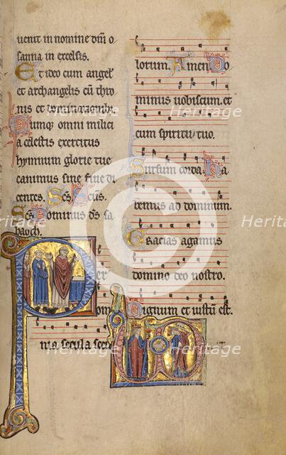 Initial P: A Priest and Two Deacons before an Altar: Monogram VD..., between 1234 and 1262. Creator: Unknown.